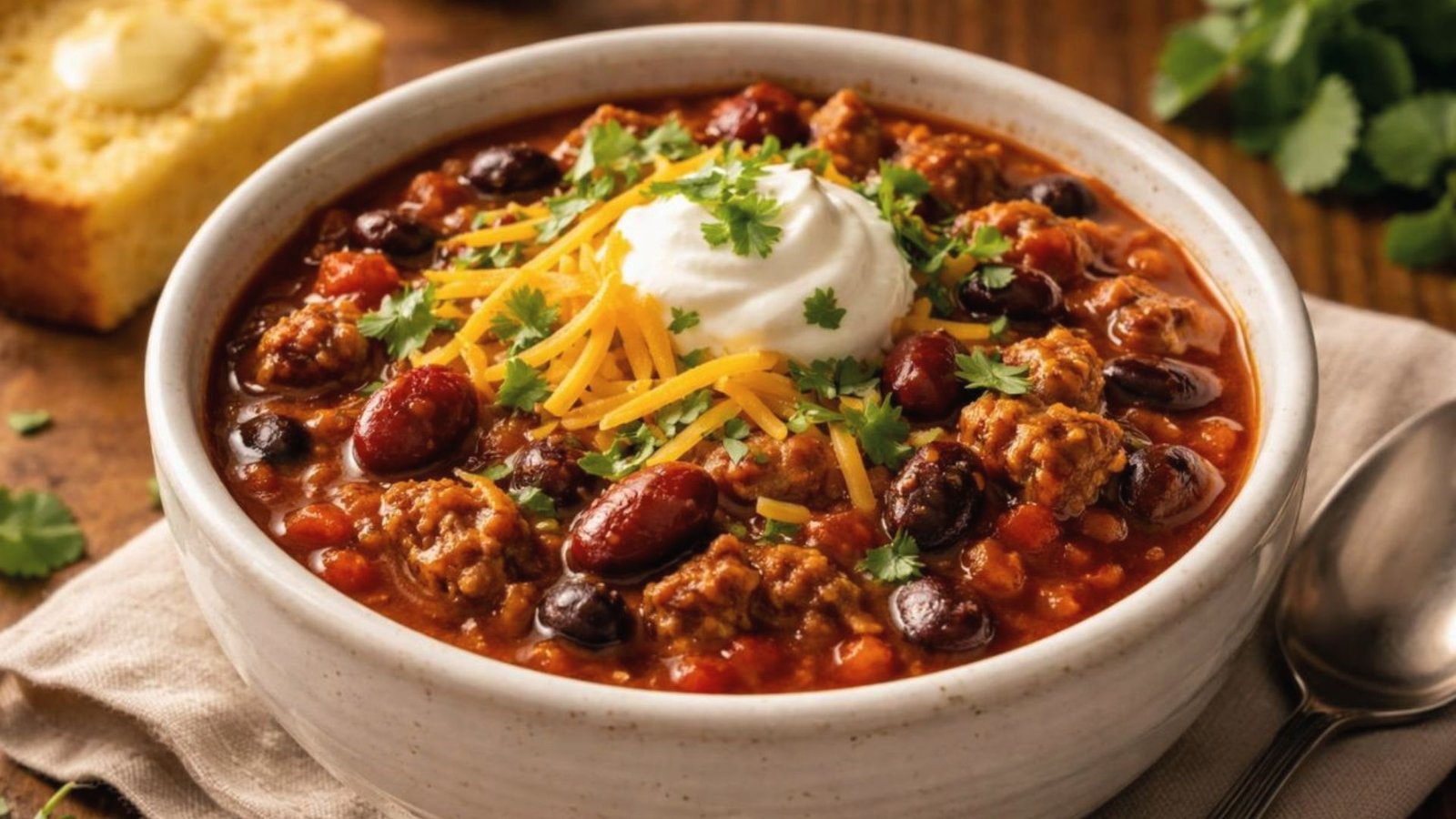 A bowl of chili con carne, showcasing a hearty mix of beans, ground turkey, and spices, influenced by Barefoot Contessa's recipe.
