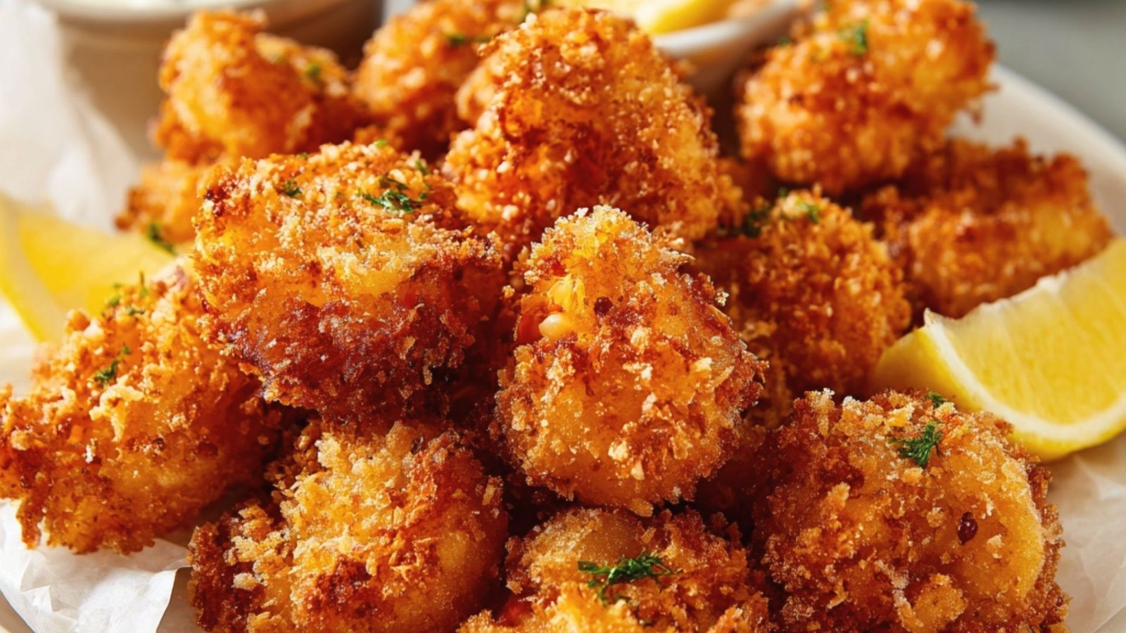 A plate of crispy fried lobster bites garnished with lemon wedges, ready to be enjoyed with garlic butter sauce.
